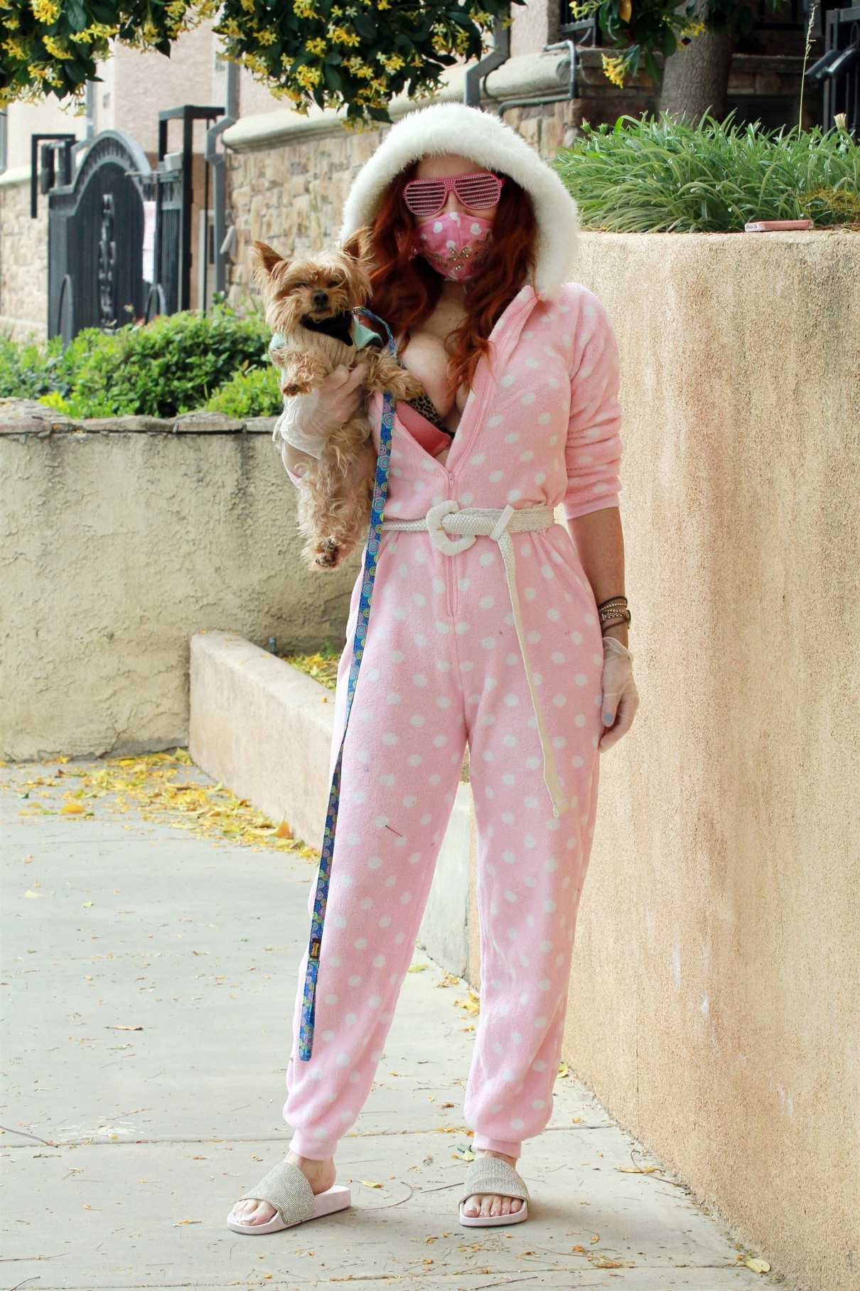 Phoebe Price in a Pink Polka Dot Jumpsuit Walks Her Dog Out in Los