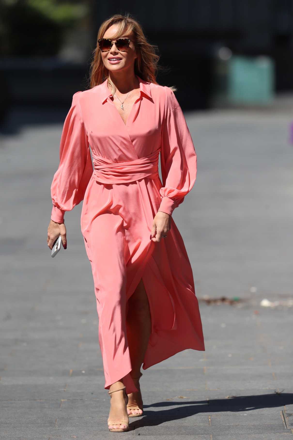 Amanda Holden in a Pink Dress Leaves the Global Radio Studios in London