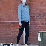 Hilary Rhoda in a Blue Hoody Walks Her Dog in New York 05/21/2020