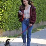 Kimiko Glenn in a Purple Jacket Walks Her Dog  in Los Feliz 05/01/2020