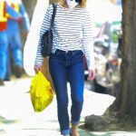 Robin Wright in a Striped Long Sleeves T-Shirt Picks Up Takeout in Brentwood 05/21/2020