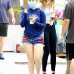 Sadie Sink in a Blue Hoody Goes Shopping with a Girlfriend at the Farmers Market in Studio City 05/10/2020