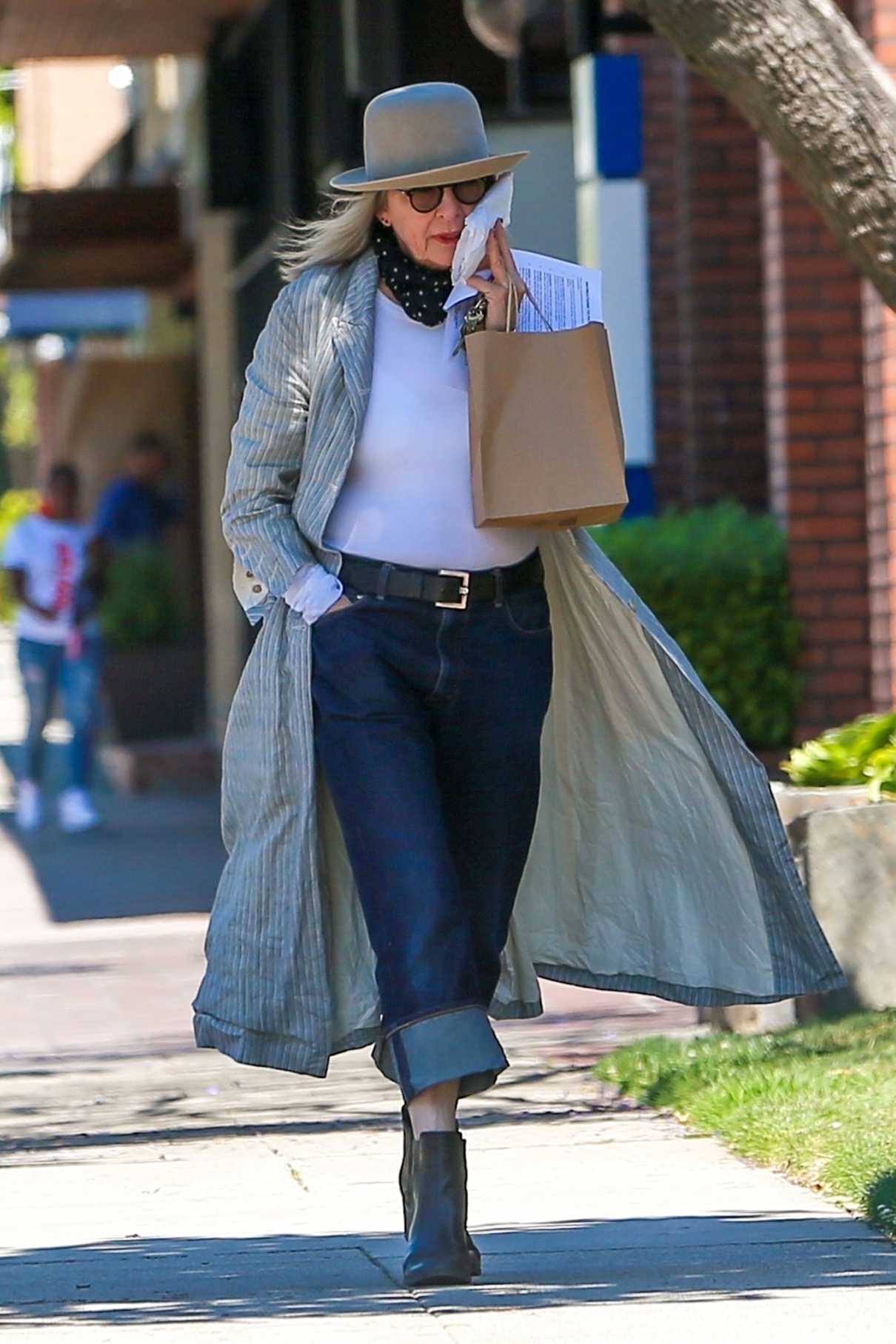 Diane Keaton in a Gray Striped Trench Coat