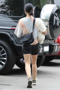 Lucy Hale in a Black Spandex Shorts