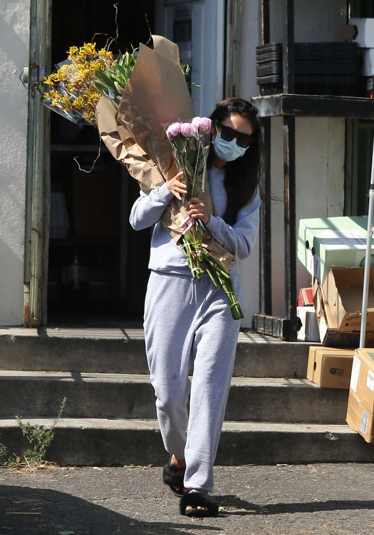 Shay Mitchell in a Protective Mask Buys a Few Bouquets of ...