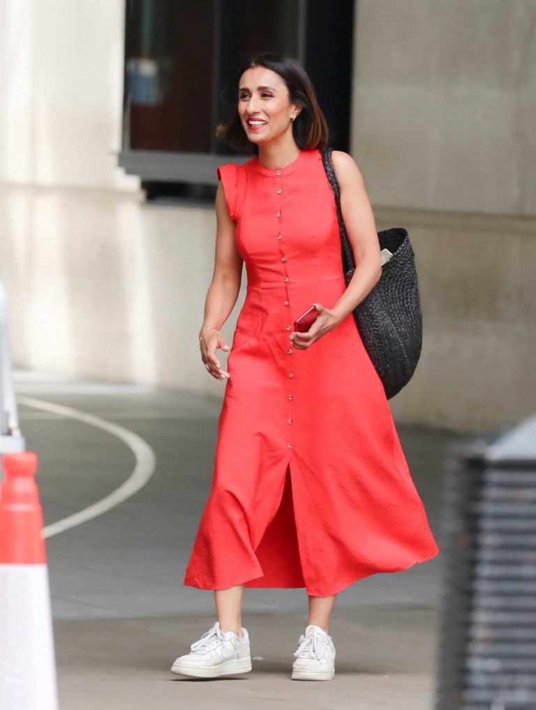 Anita Rani in a Red Dress Arrives at the BBC Studios in London 07/13 ...