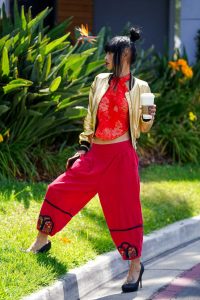 Bai Ling in a Red Floral Top