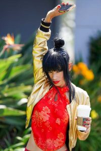 Bai Ling in a Red Floral Top
