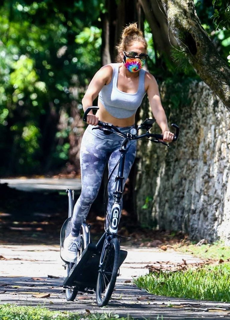 Jennifer Lopez in a Gray Top Trains on a Bike in Coral Gables 07/12