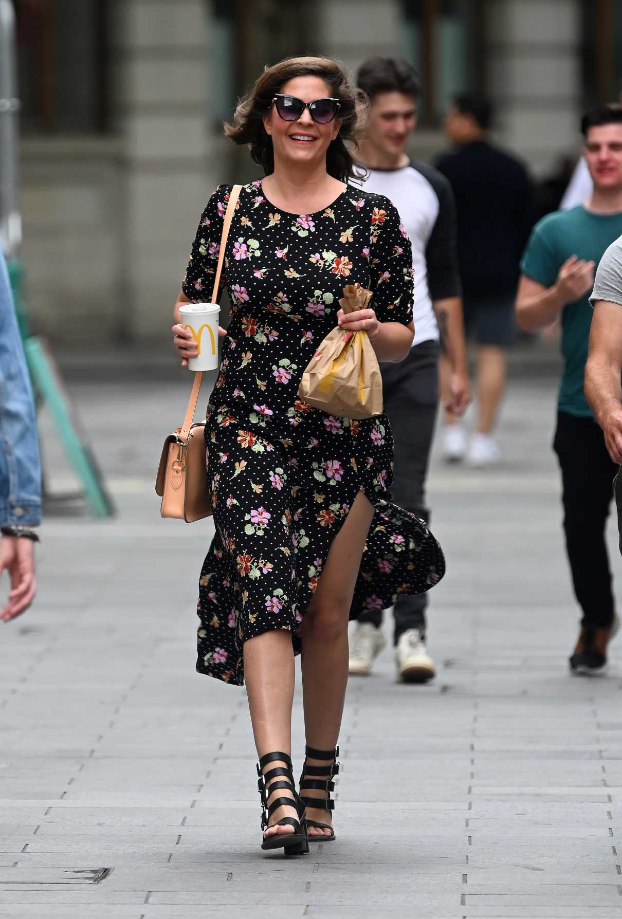 Lucy Horobin in Black Floral Dress