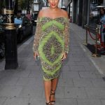 Malin Andersson in a Green Snakeskin Print Dress Arrives at a Restaurant in Mayfair, London 07/18/2020
