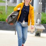 Sally Carman in a Yellow Track Jacket Leaves the Corrie Studios in Manchester 07/17/2020