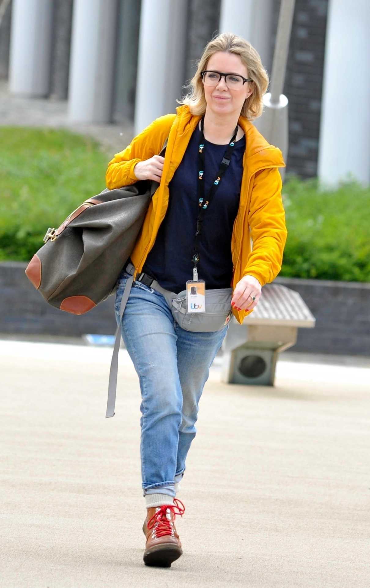 Sally Carman in a Yellow Track Jacket Leaves the Corrie Studios in