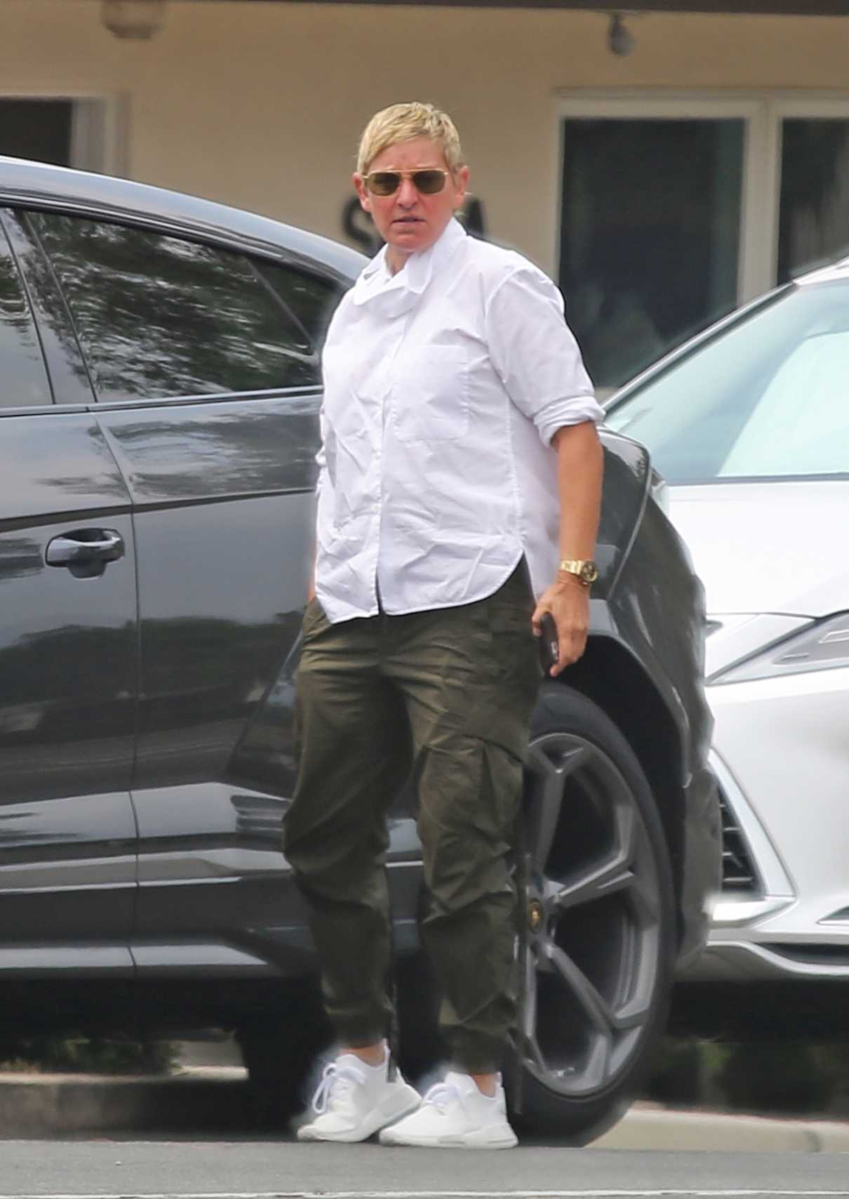 Ellen Degeneres in a White Shirt Goes to Lunch with a Friend in Santa ...