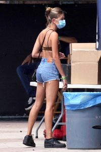 Hailey Bieber in a Blue Daisy Duke Shorts