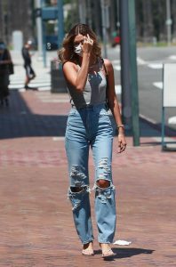 Hailey Bieber in a Blue Ripped Jeans