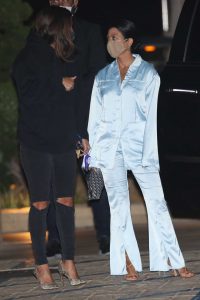 Kourtney Kardashian in a Silk Baby Blue Outfit