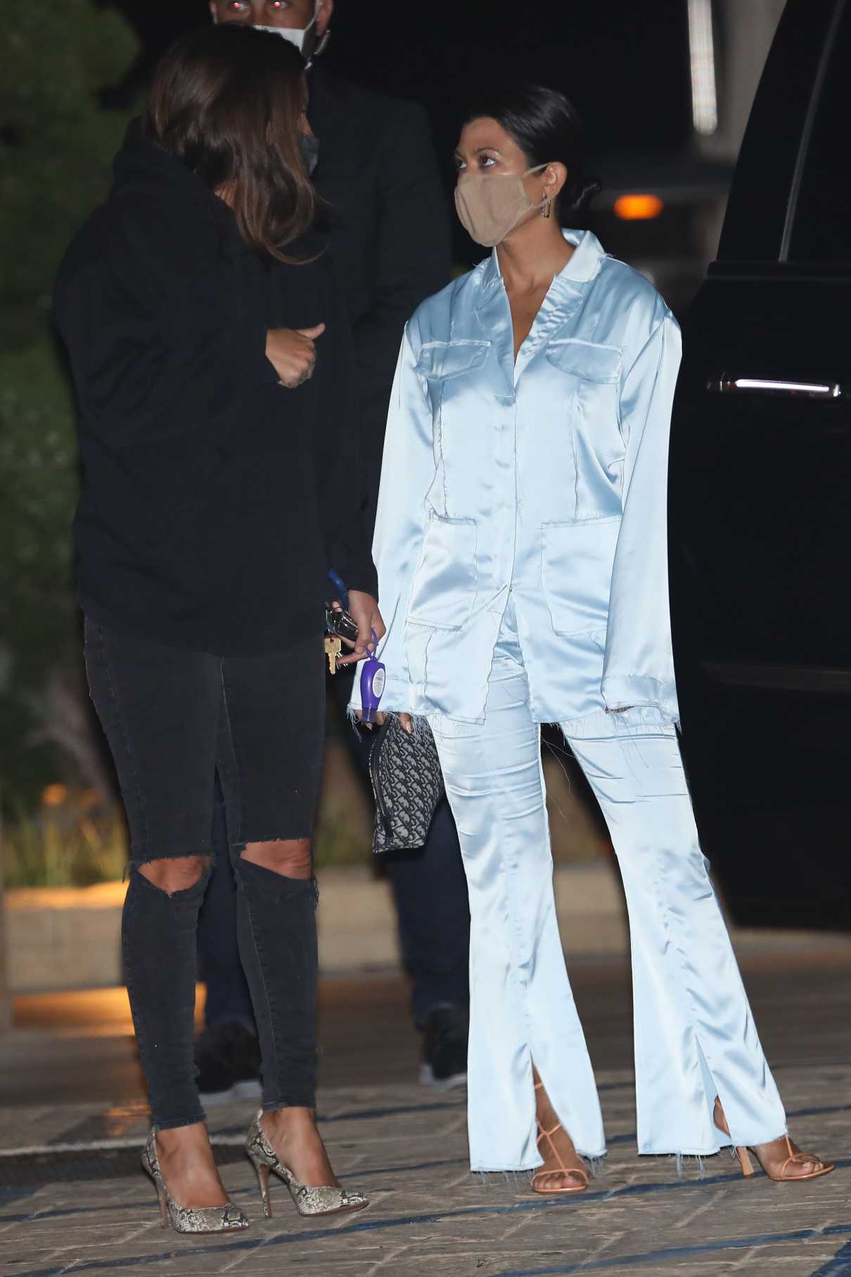 Kourtney Kardashian in a Silk Baby Blue Outfit Dines with Friends at ...