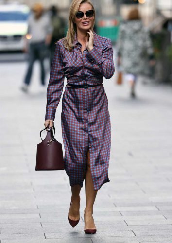 Amanda Holden in a Satin Shirt Midi Dress Arrives at the Global Studios