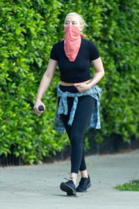 Amber Heard in a Pink Bandana as a Face Mask