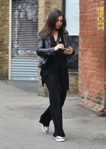 Francesca Allen in a Black Leather Jacket
