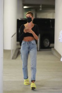 Hailey Bieber in a Black Protective Mask