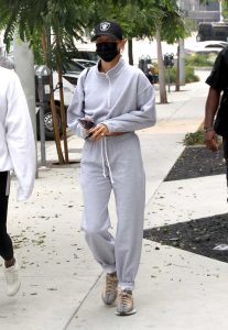 Hailey Bieber in a Grey Sweatsuit