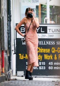 Kaia Gerber in a Black Protective Mask