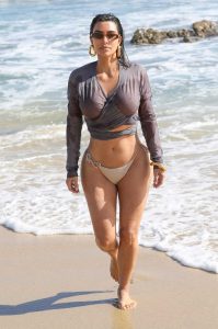 Kim Kardashian in a Knitted Beige Bikini