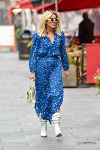 Ashley Roberts in a Blue Polka Dot Dress