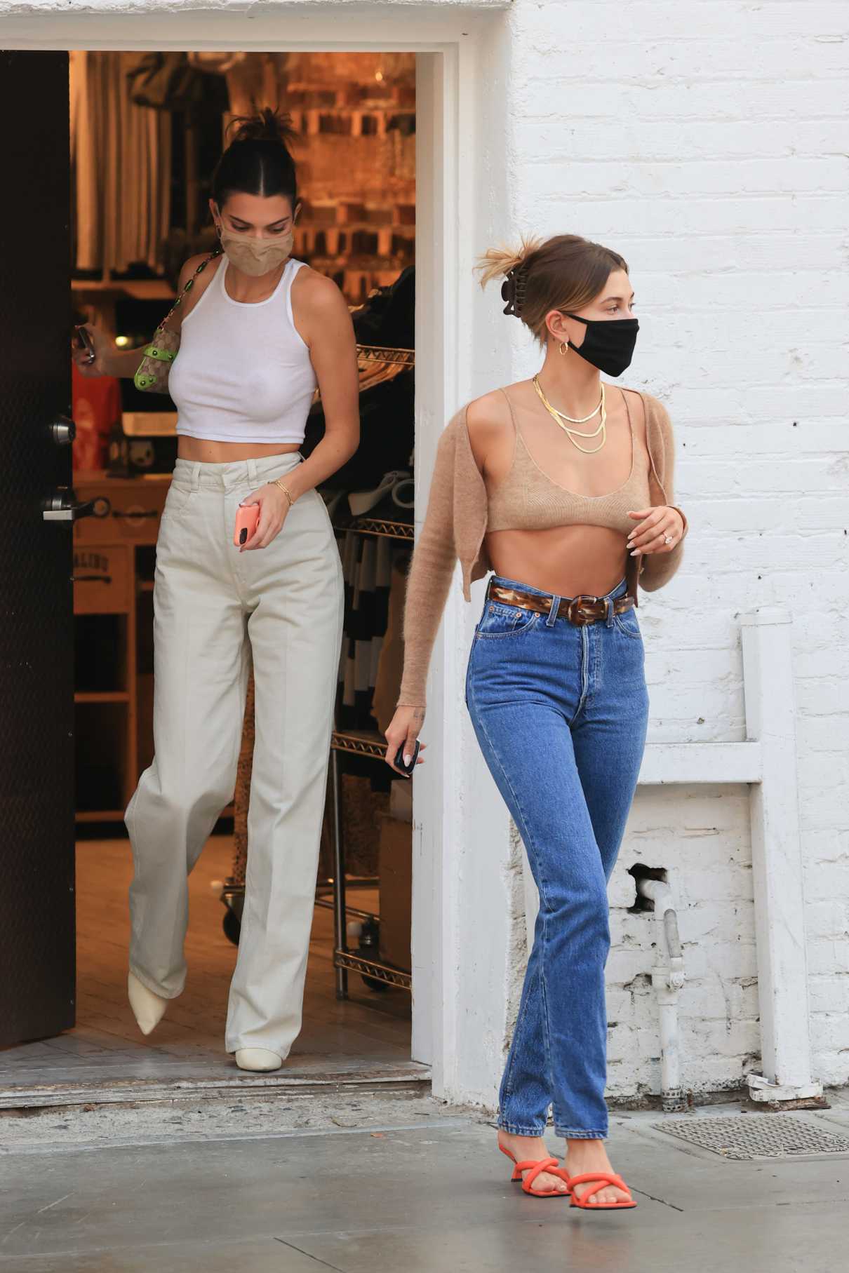 Hailey Bieber in a Beige Bra