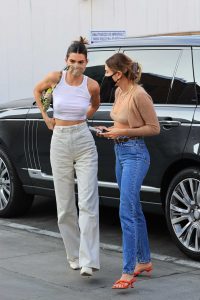 Hailey Bieber in a Beige Bra