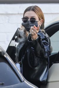 Hailey Bieber in a Black Leather Coat