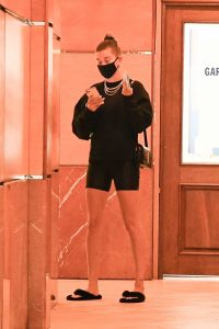 Hailey Bieber in a Black Spandex Shorts