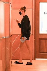 Hailey Bieber in a Black Spandex Shorts