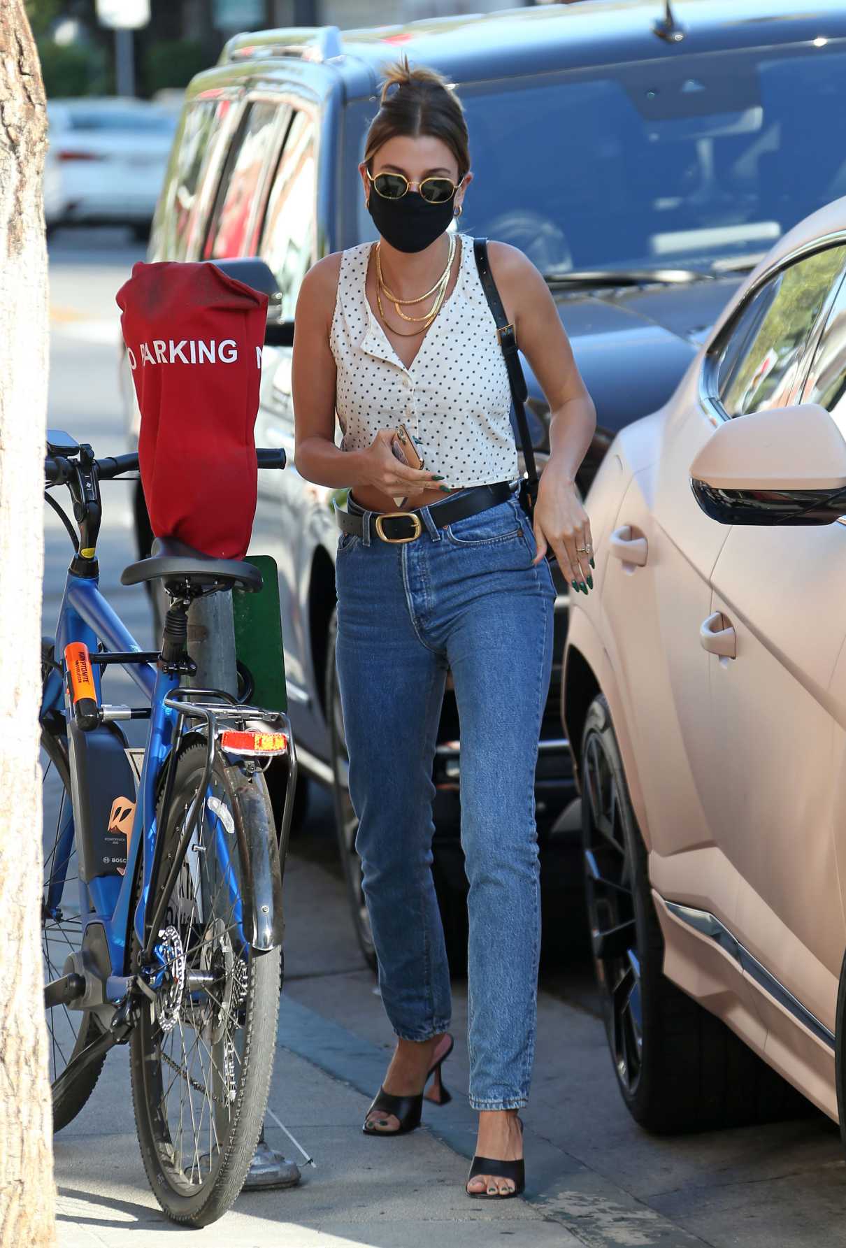 Hailey Bieber in a White Polka Dot Top