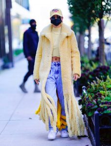 Hailey Bieber in a Yellow Fur Coat