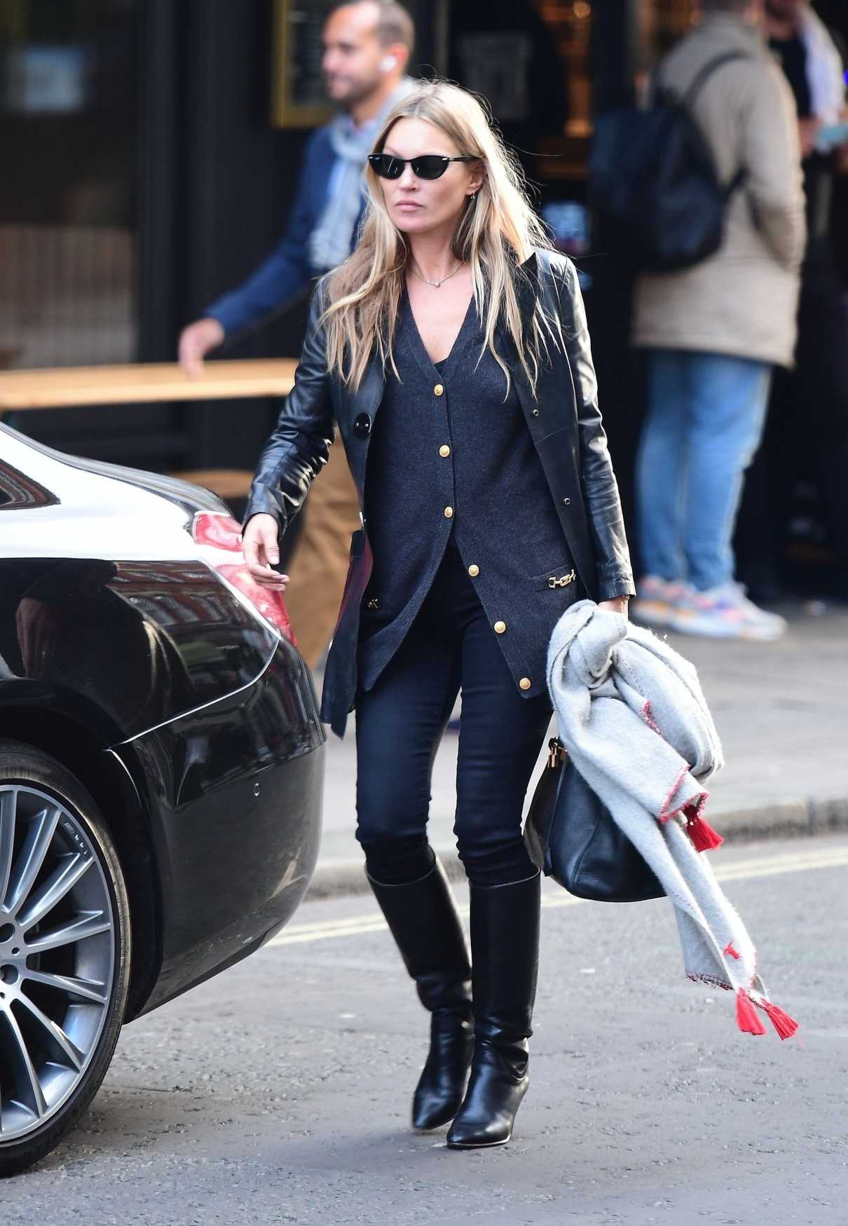 Kate Moss in a Black Leather Trench Coat Leaves a Hairdresser in Soho ...