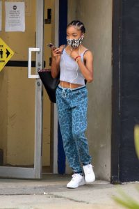 Skai Jackson in a Blue Animal Print Sweatpants