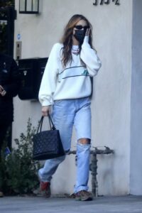 Bella Hadid in a Blue Ripped Jeans