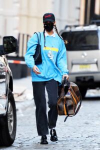 Bella Hadid in a Light Blue Sweatshirt