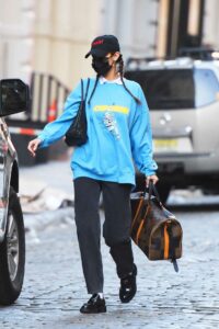 Bella Hadid in a Light Blue Sweatshirt