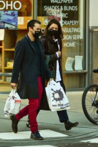 Katie Holmes in a Brown Leather Coat