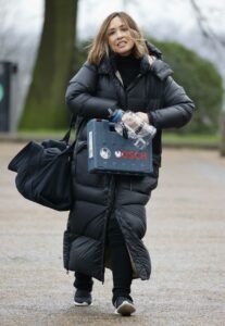 Myleene Klass in a Black Puffer Coat