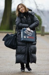 Myleene Klass in a Black Puffer Coat