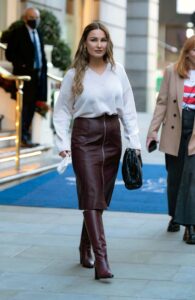 Sam Faiers in a Brown Leather Skirt