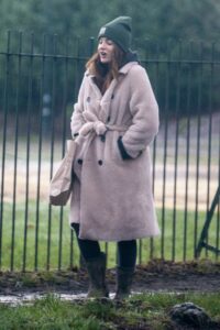 Alexandra Felstead in a Beige Fur Coat