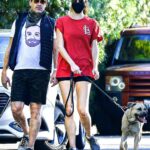 Anna Osceola in a Red Tee Walks Her Dog Out with Jon Hamm in Los Angeles 12/06/2020