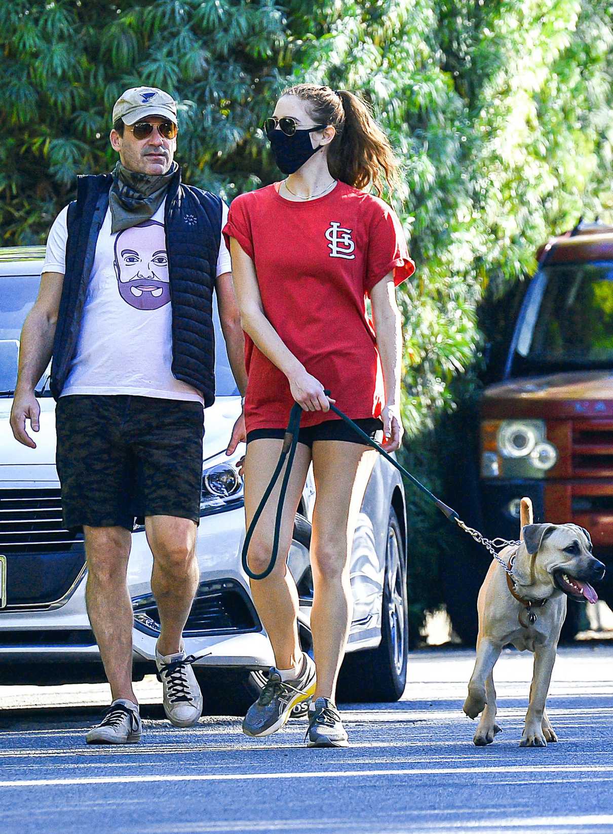 Anna Osceola in a Red Tee Walks Her Dog Out with Jon Hamm in Los ...
