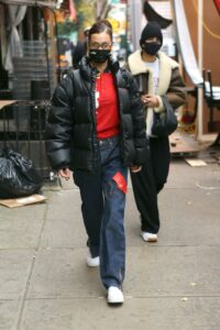 Bella Hadid in a Black Puffer Jacket